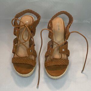 Mossimo Size 7.5 Brown woven straps jute Lace Up Espadrilles Wedge Sandals